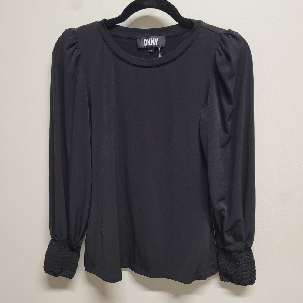 DKNY Womens Black Puff Sleeve Smocked Cuff Crew Neck Top XS T05-0003